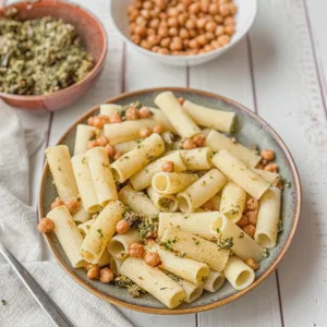 Pesto-Pasta mit gerösteten Kichererbsen